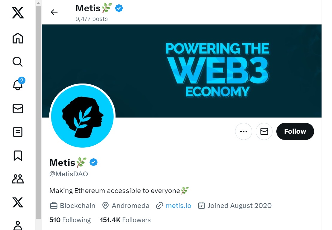 What is the METIS Token Metis Crypto Live Price & On-Chain Data-project's official Twitter account