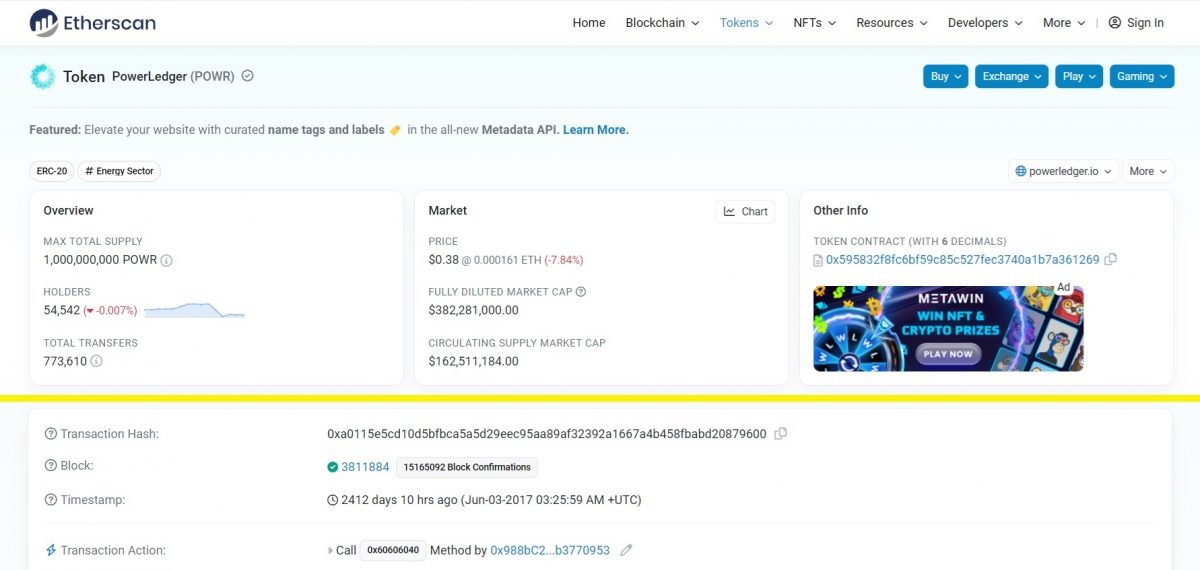 Powerledger crypto - the POWR crypto token on Etherscan