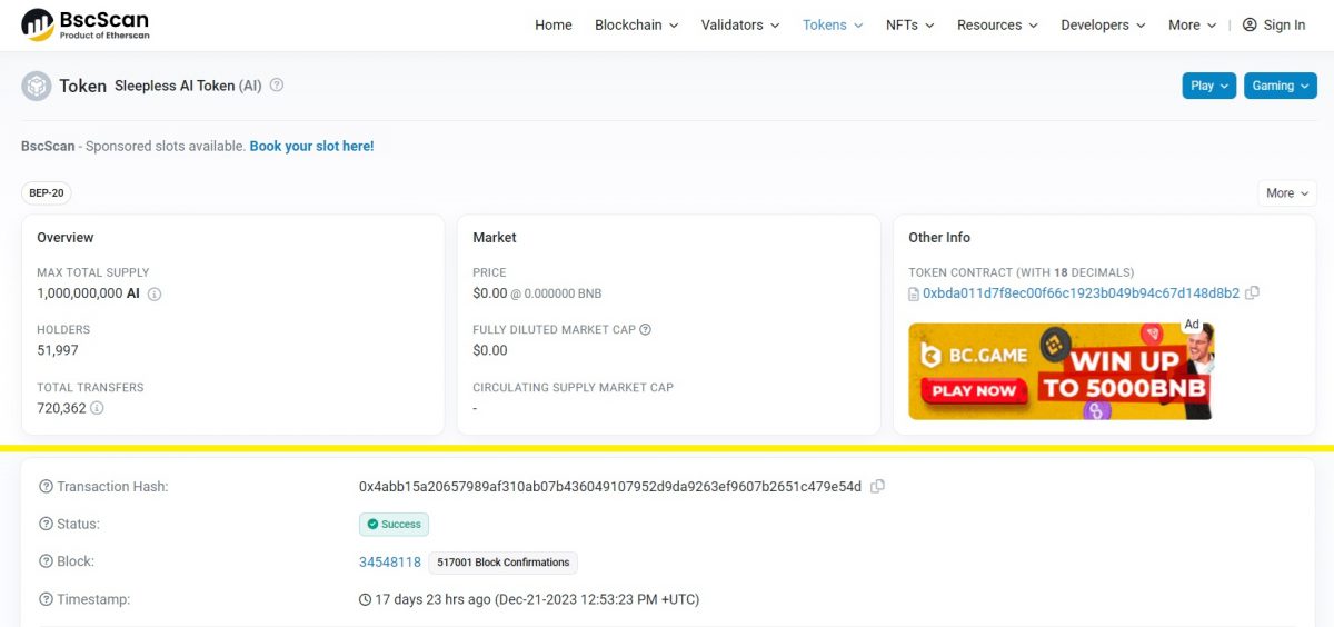 Sleepless AI Crypto token on BscScan