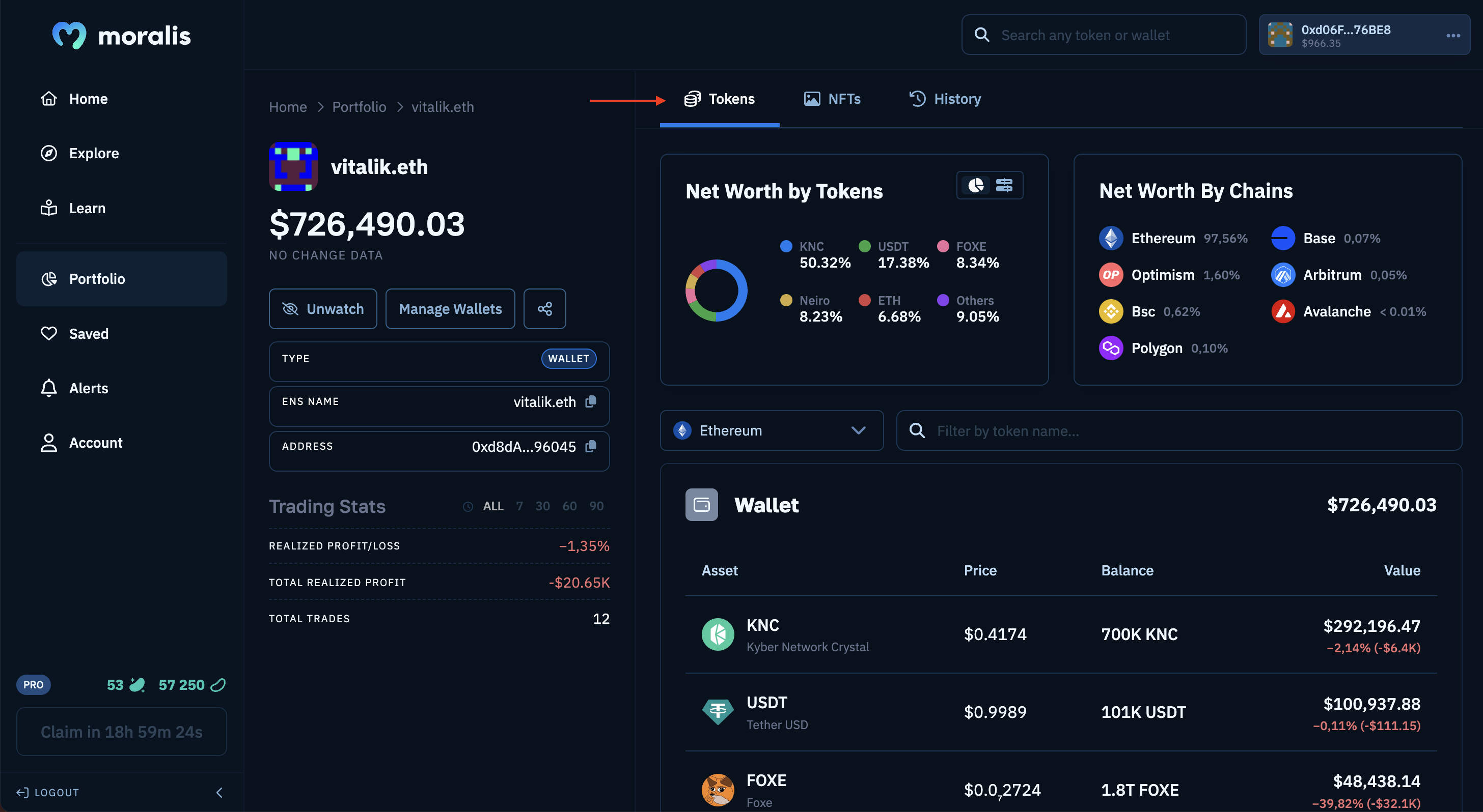 Token tab from wallet analyzer.