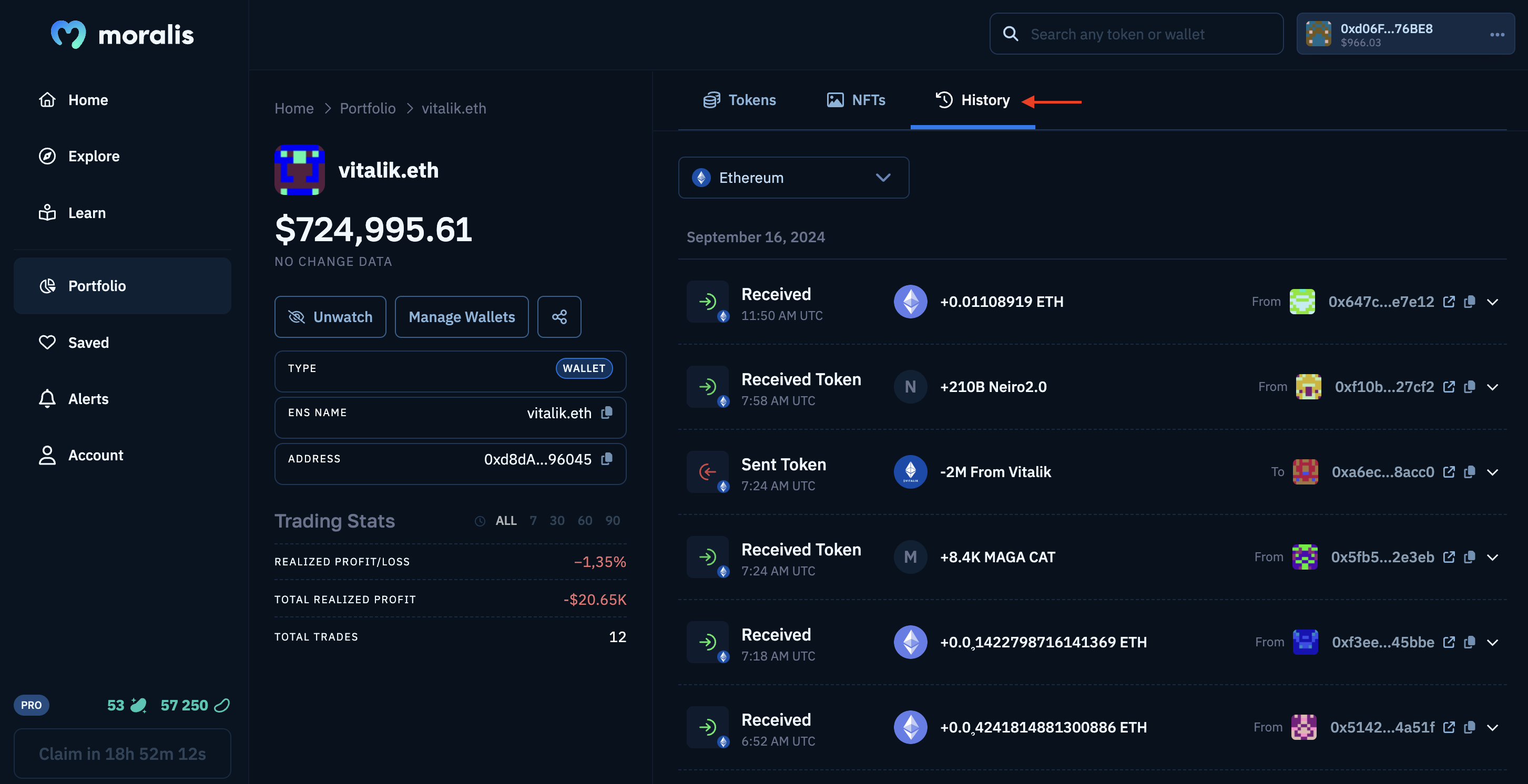 Wallet analyzer transactions tab.