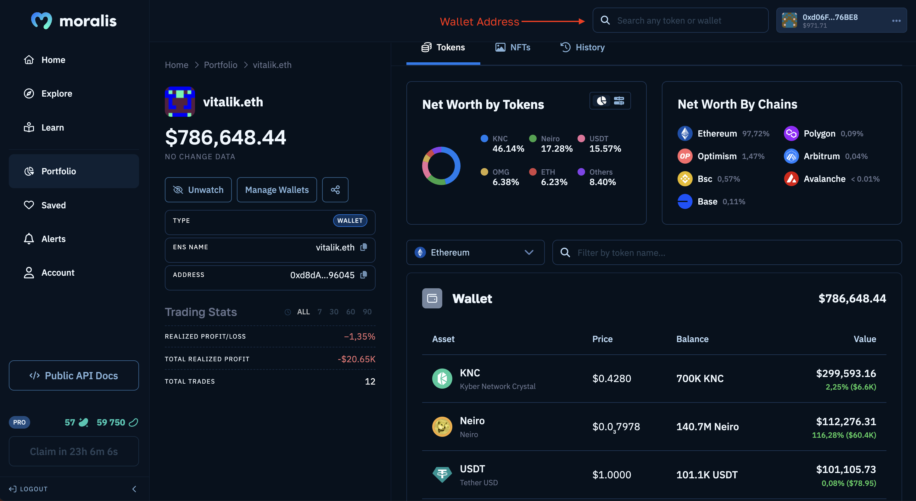 Moralis wallet profitability checker page.